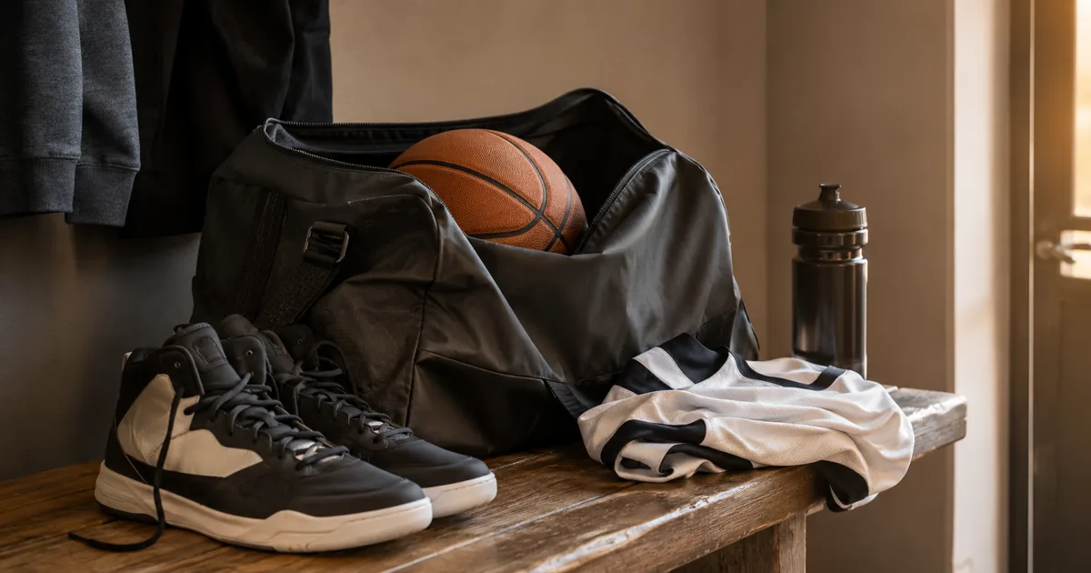 Sac de sport, ballon et chaussures de basket prêts pour la rentrée au club