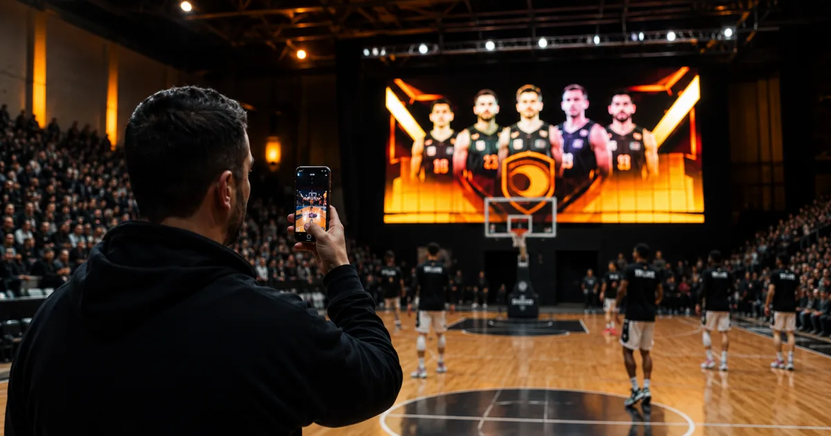 Supporter filmant avec son téléphone l'écran géant de présentation d'équipe dans un gymnase de basket