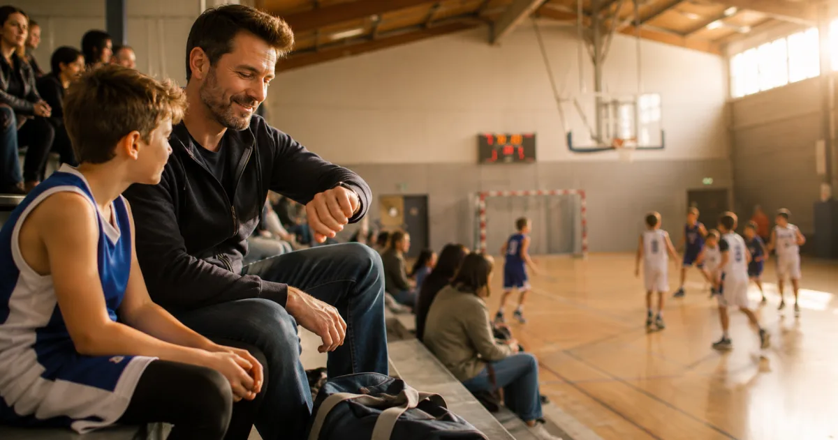 Un parent regarde sa montre en tribune pendant le match de basket de son enfant dans un gymnase