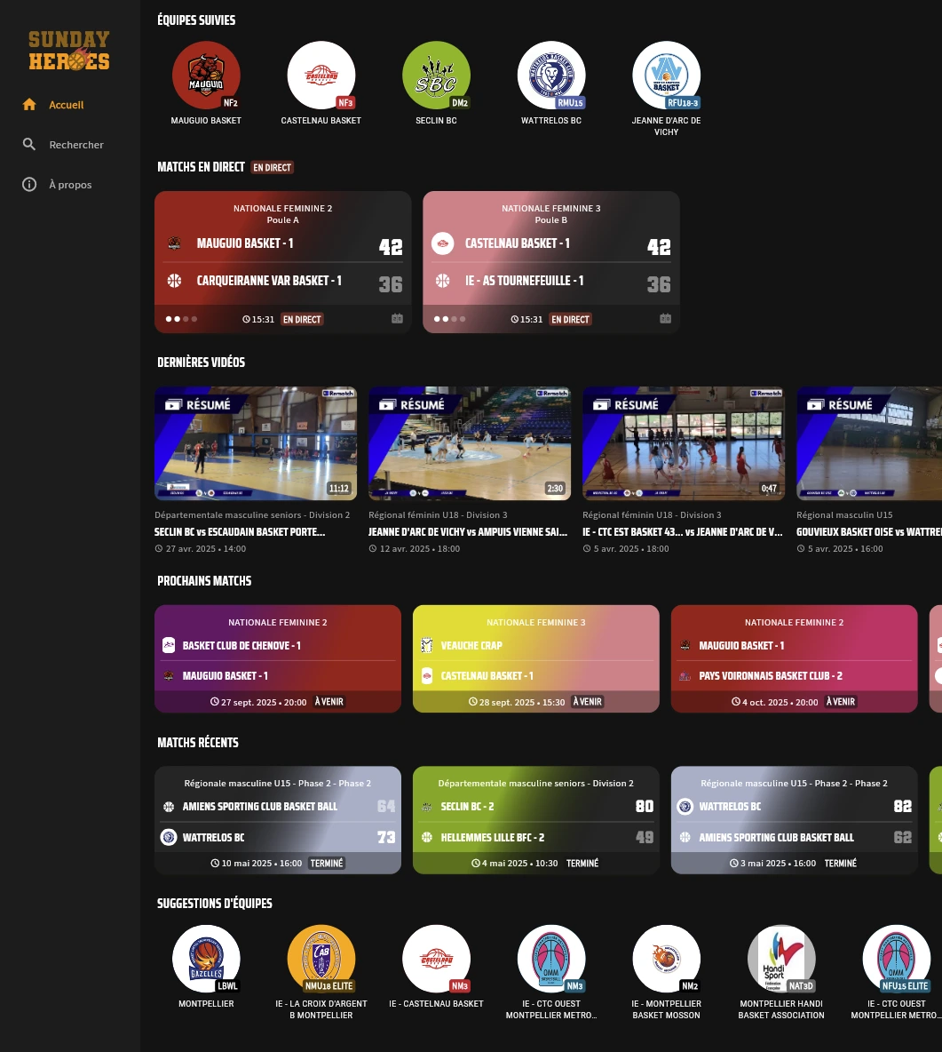 Écran d’accueil avec carrousel, scores en direct et prochains matchs
