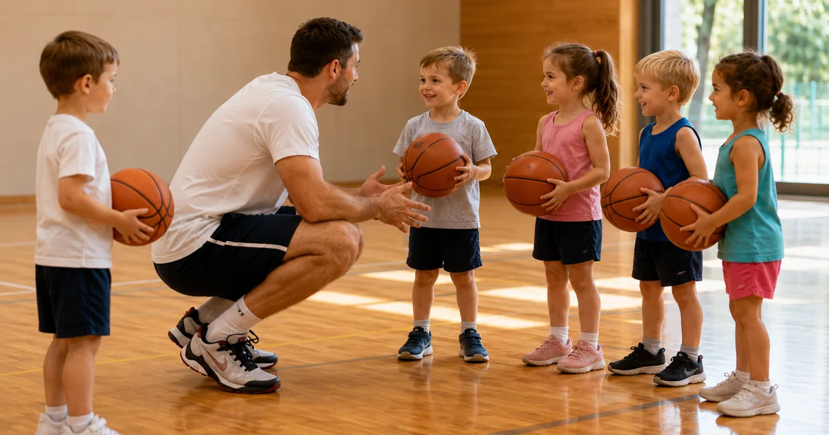 Jeunes enfants découvrant le basket lors d'une séance de baby basket en gymnase