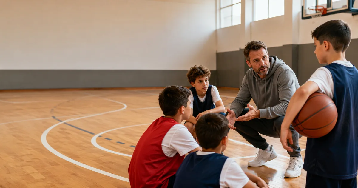 Un coach explique les règles du basket à de jeunes joueurs sur un terrain de gymnase