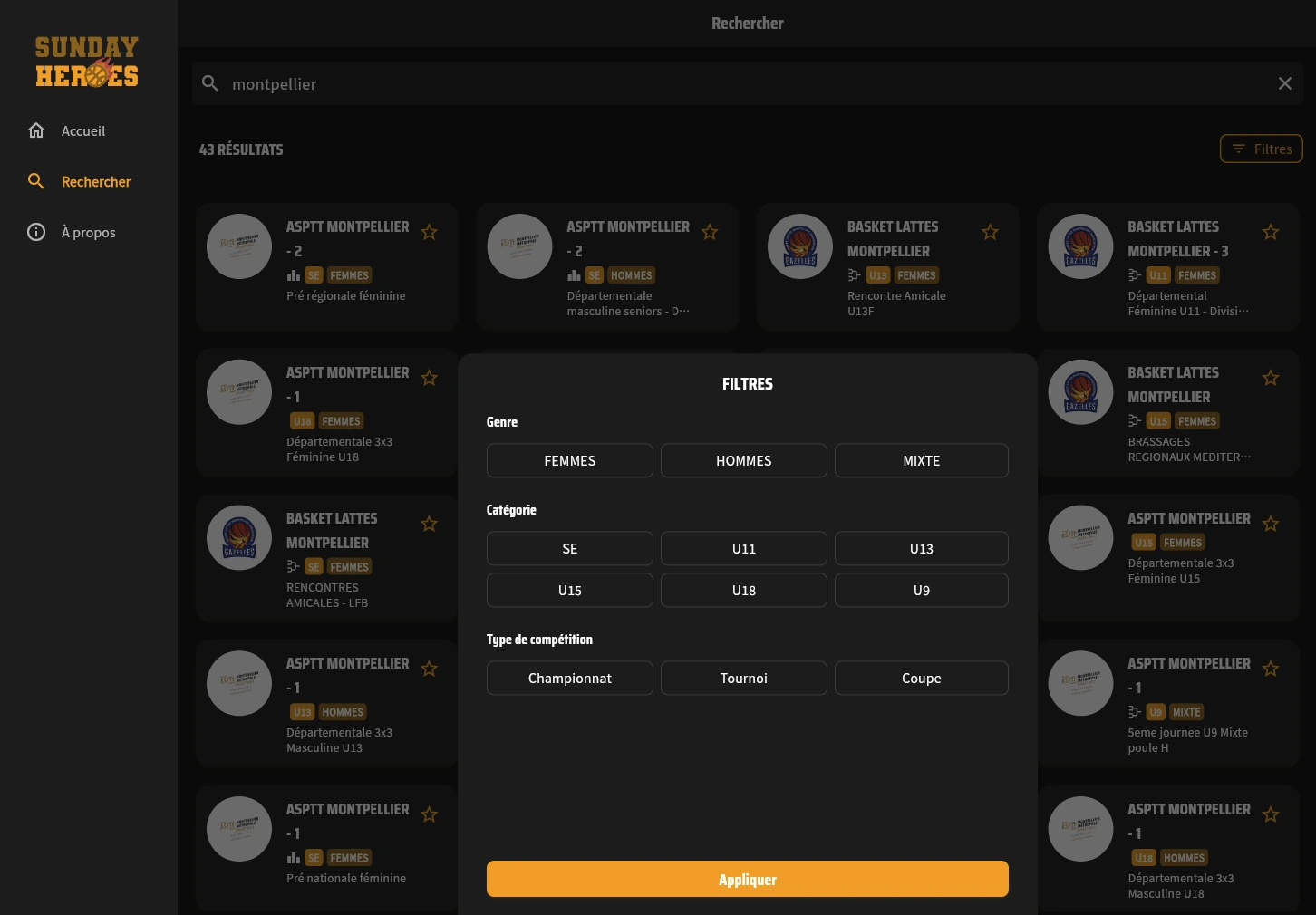 Recherche d’équipe avec champ, filtres et liste de résultats
