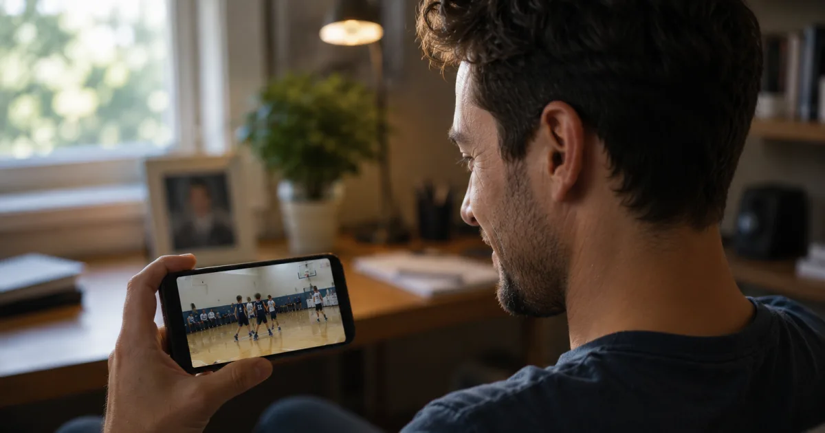 Parent souriant suivant un match de basket sur son téléphone depuis son salon