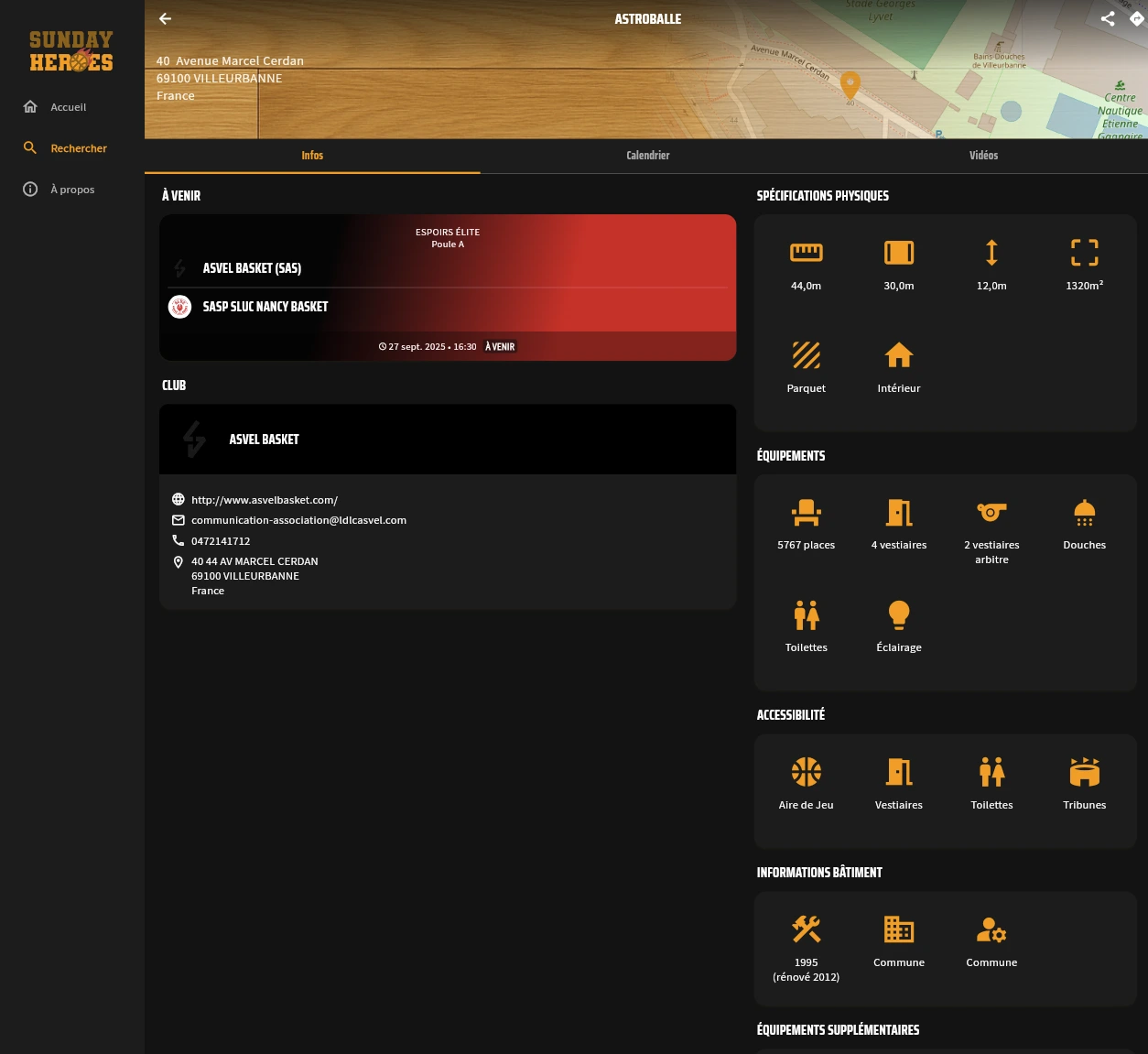 Écran salle – infos: carte, clubs résidents et matchs à venir