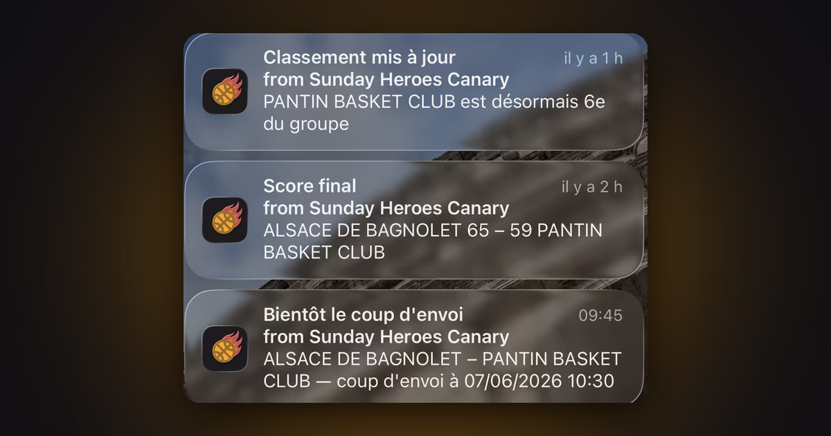 Trois notifications Sunday Heroes sur un téléphone : classement mis à jour, score final et coup d'envoi imminent pour Pantin Basket Club